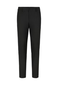 Black trousers made of textured fabric, featuring a flat front, belt loops, and a single button closure. Slim fit design with tapered legs.