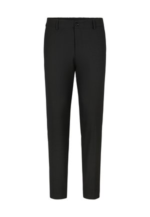 Zwarte broek van textuurstof, met een platte voorkant, riemlussen en een enkele knoopsluiting. Slim fit ontwerp met taps toelopende benen.