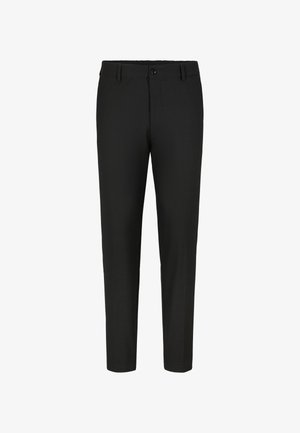 Pantaloni neri realizzati in tessuto texturizzato, con parte anteriore piatta, passanti per cintura e chiusura con un solo bottone. Design slim fit con gambe affusolate.