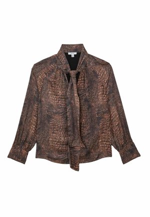 Blusa marrone con motivo e cintura legata davanti, con un design testurizzato che ricorda la pelle degli animali. Maniche lunghe con polsini abbottonati.