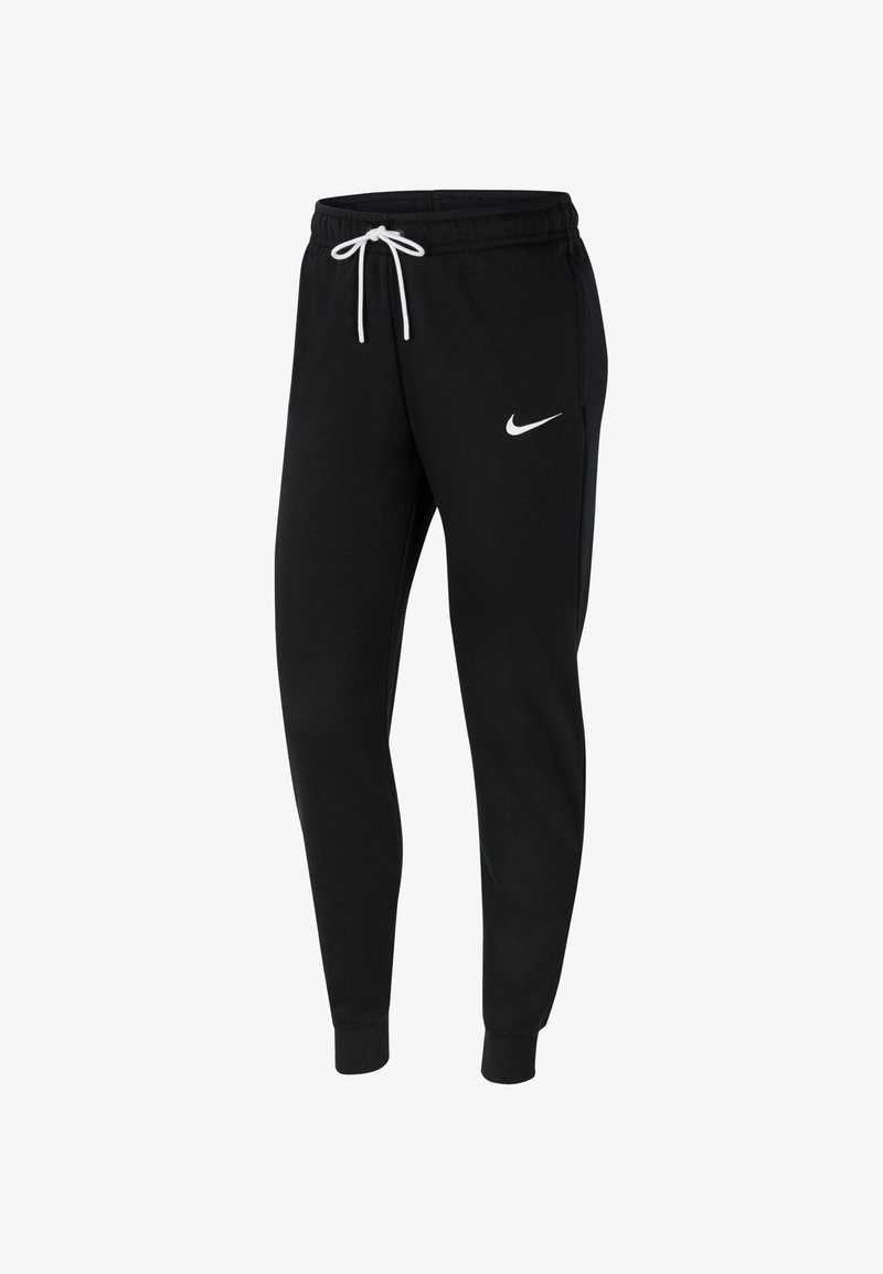 Zwarte sweatpants van zacht materiaal, met een elastische tailleband met trekkoord, taps toelopende broekspijpen en een wit Nike-logo op de linker bovenbeen.