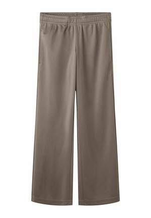 Pantaloni a gamba larga colore taupe con vita elastica e tasche laterali, mostrati distesi su sfondo bianco.