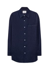 Dunkelblaues Button-Up-Hemd aus Denim mit spitzem Kragen, langen Ärmeln, einer linken Brusttasche und weißen Knöpfen.