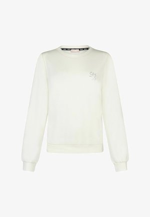 Valge pika varrukaga dressipluus, soonikkoes varrukasääred ja ümar kaelus. Vasakul rinnal väike tikitud logo. Sile tekstuur.