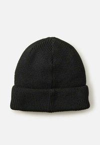 Zwarte gebreide beanie met ribbelstructuur en een omgeslagen boord. Naadloos ontwerp met een klassieke vorm, geschikt voor koud weer.
