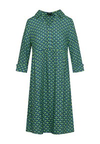Grün-blau gemustertes Kleid mit langen Ärmeln, Kragen und Knopfleiste. Hat eine ausgestellte Form und eine strukturierte Stoffqualität.