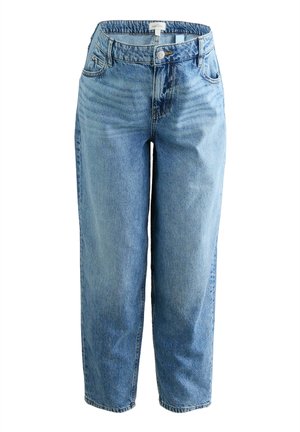 High-waisted light blue denim jeans with front button, zipper, belt loops, and five-pocket design, featuring a relaxed straight leg fit.