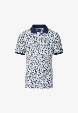 Polohemd mit weißem Grund und marineblauen Blumen- und Naturmustern, einem marineblauen Kragen und kurzen Ärmeln mit marineblauen Akzenten.