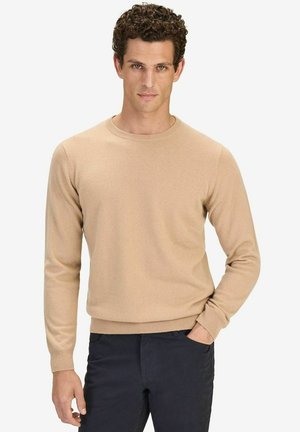 Beige crewneck neule, joka on valmistettu pehmeästä neuloksesta. Siinä on pitkät hihat ja resorireuna. Se on päällä tummien housujen kanssa ja siinä on yksinkertainen muotoilu.