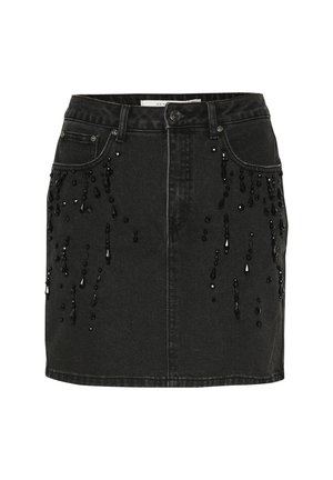 Schwarzer Jeansrock mit einer taillierten Passform, verziert mit Perlen und Pailletten, die vorne herabfallen. Fünf-Taschen-Design und Knopfverschluss.