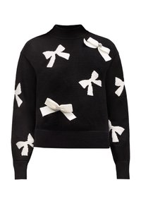 Czarny sweter z dzianiny z białymi aplikacjami w kształcie kokardy, okrągłym dekoltem oraz prążkowanymi mankietami i dołem. Tkanina wydaje się być miękka o teksturowanym wykończeniu.