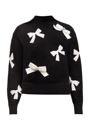 Czarny sweter z dzianiny z białymi aplikacjami w kształcie kokardy, okrągłym dekoltem oraz prążkowanymi mankietami i dołem. Tkanina wydaje się być miękka o teksturowanym wykończeniu.