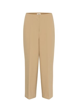 Beige tailored trousers with a smooth texture, wide leg design, and a subtle center crease. Features a concealed zipper closure.