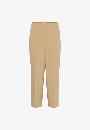 Beige upravené kalhoty s hladkým povrchem, širokým střihem a jemným středním záhybem. Obsahují skrytý zip.