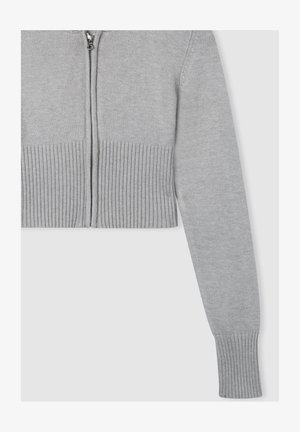 Cardigan corto grigio chiaro con chiusura a zip, orlo e polsini a costine. Realizzato in tessuto morbido, presenta una texture liscia e un design semplice.