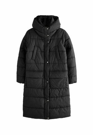Musthave musta polsterdatud jope kõrge kraega, mis sisaldab trukkidega kinnitusi, kahte esist taskut ja tikitud tekstuuri. Pikad varrukad ja põlvepikkune disain.