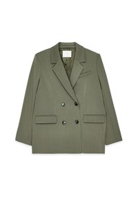 Olivenfarvet dobbeltstående blazer med skræddersyet design, fremtrædende klapper, to frontlommer med flap og sorte knapper. Blød tekstur, struktureret form.