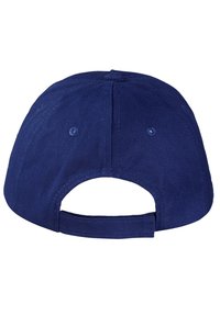 Marineblaue Baseballkappe mit runder Form, Stofftextur und offener Rückseite. Verfügt über Belüftungslöcher und einen einfachen verstellbaren Riemen.