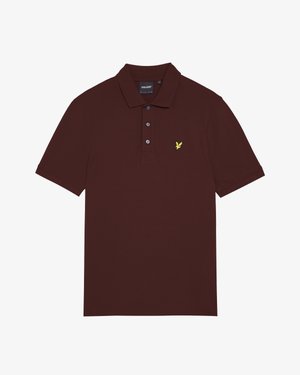 Burgundinpunainen puuvillainen poolopaita, jossa on kolmen napin lista, lyhyet hihat ja pieni keltainen kirjailtu logo rinnassa.