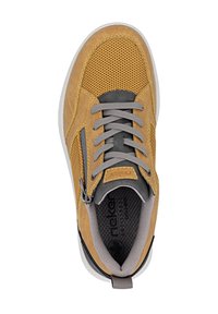 Light brown sneaker with mesh panels, grey accents, and laces. Features a side zipper, textured insole, and smooth rubber outsole.