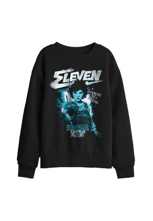 Schwarzer Pullover mit Eleven aus Stranger Things mit ausgestreckter Hand, Text "Eleven," "Friends Help Friends" und "Tales from 85."
