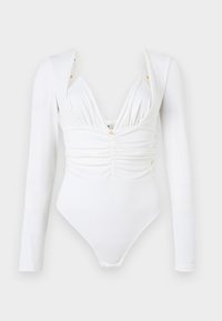 Long-sleeve white bodysuit with ruched front, deep V-neckline, and subtle golden embellishments at the shoulders. Smooth, stretchy fabric.
