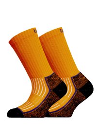 Orangene Crew-Socken mit schwarzen und braunen Akzenten, geripptem Muster, weißen Streifen sowie verstärktem Zeh und Ferse. Mit Logo am Bund.