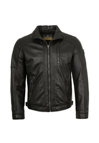 Schwarze Lederjacke mit Stehkragen, Reißverschluss vorne und strukturierten Schulterakzenten. Verfügt über Seiten- und Brusttaschen. Glatte Oberfläche.