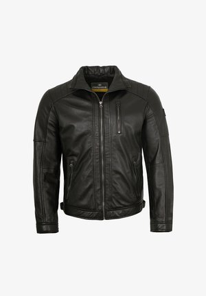 Schwarze Lederjacke mit Stehkragen, Reißverschluss vorne und strukturierten Schulterakzenten. Verfügt über Seiten- und Brusttaschen. Glatte Oberfläche.