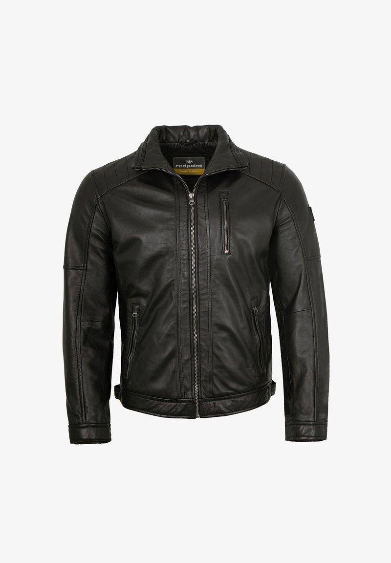 Schwarze Lederjacke mit Stehkragen, Reißverschluss vorne und strukturierten Schulterakzenten. Verfügt über Seiten- und Brusttaschen. Glatte Oberfläche.