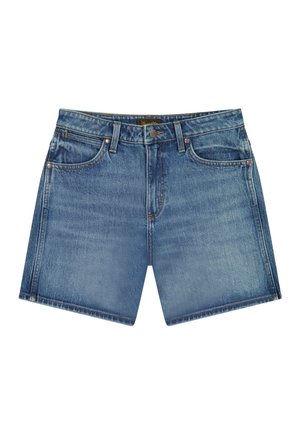 Shorts in denim blu con tasche frontali, passanti per cintura e chiusura con bottone, caratterizzati da una lavorazione sbiadita e dettagli di cuciture semplici.