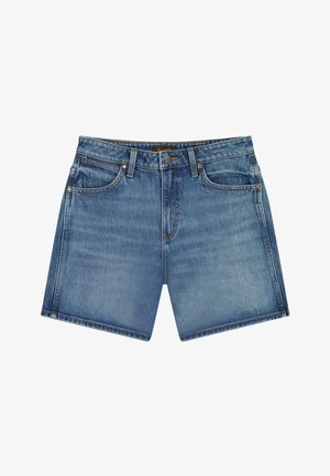 Shorts in denim blu con tasche frontali, passanti per cintura e chiusura con bottone, caratterizzati da una lavorazione sbiadita e dettagli di cuciture semplici.