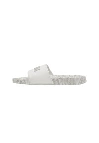 Witte schuifsandalen met een getextureerde witte zool met een patroon. De bovenkant heeft een gladde afwerking met een logo-accent.
