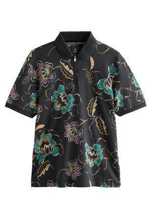 Polo nera a maniche corte con motivi floreali in turchese, viola e beige, collo e polsini delle maniche testurizzati e cerniera frontale.