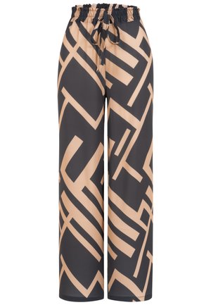 Hose mit weitem Bein in einem abstrakten geometrischen Muster in Schwarz und Beige, ausgestattet mit einem elastischen Bund und vorne mit einem Kordelzug zum Binden.
