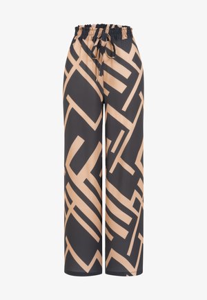 Hose mit weitem Bein in einem abstrakten geometrischen Muster in Schwarz und Beige, ausgestattet mit einem elastischen Bund und vorne mit einem Kordelzug zum Binden.