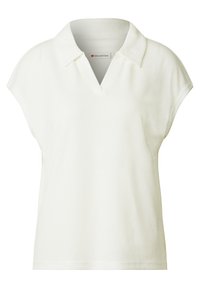 Polo bianco con scollatura a V e maniche corte, realizzato in un tessuto testurizzato. Presenta un colletto sottile e un design minimalista.
