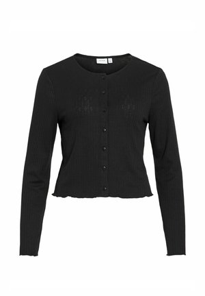 Mustast soonikuga pikkade varrukatega kardigan ümarate kaeluste, nööbitava eest, veidi lühem ja peene servaga laineline äär.