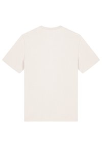 Lichtbeige t-shirt met korte mouwen, een ronde hals en een gladde textuur. Geen zichtbare merkvermeldingen of patronen op de achterkant.
