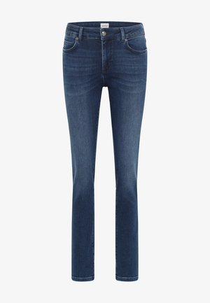 Sötétkék farmer egyenes szárú nadrág, öt zsebbel, gombos záródással és finom kopott hatással elől a textúra érdekében.