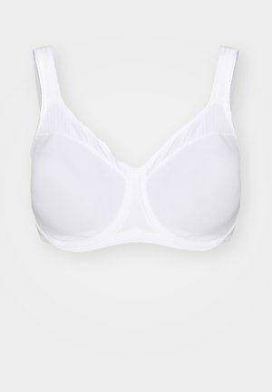 Fehér melltartó, formázott kosarakkal, állítható pántokkal és varrás nélküli kialakítással. Simára szőtt anyagból készült, látható fémalkatrészek vagy díszítések nélkül.