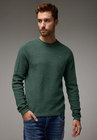 Zelená pletená mikina s dlouhým rukávem a kulatým výstřihem, texturovaná látka, žebrované manžety a malé logo na hrudi. Nosit s modrými džínami.