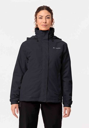 Black waterproof jacket with a high collar, adjustable hood, and subtle logo. Features a straight cut and long sleeves with cuffs.