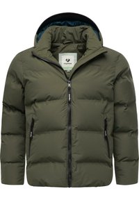 Giubbotto imbottito verde oliva con chiusura a zip, cappuccio staccabile e tasche laterali con zip; design trapuntato e testurizzato per l'isolamento.