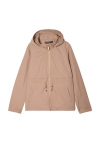 Giacca beige con cappuccio realizzata in tessuto leggero, dotata di una cerniera frontale, vita regolabile con cordino e due tasche frontali con dettagli dorati.