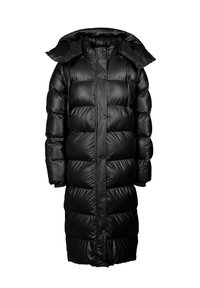 Zwarte pufferjas met een lange stijl, voorzien van een capuchon en grote quiltsecties. Gemaakt van glanzende, geïsoleerde stof met drukknoopsluitingen.