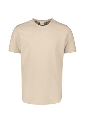 Beige T-shirt met korte mouwen en ronde hals, met een klein logovlaggetje op de linker mouw, weergegeven op een witte achtergrond.