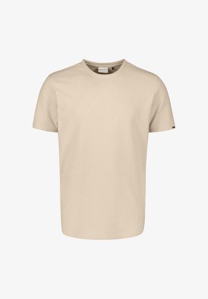 Beige T-shirt met korte mouwen en ronde hals, met een klein logovlaggetje op de linker mouw, weergegeven op een witte achtergrond.