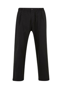 Pantaloni negri cu o talie elastică și închidere printr-un singur nasture. Caracteristici includ pliuri și un design cu picioare drepte. Textură netedă.