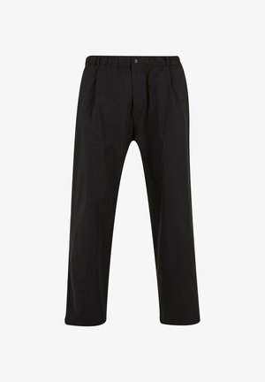 Mustad püksid elastse vöökoha ja ühekordse nupuga. Omavad voldikuid ja sirge sääre disaini. Sile tekstuur.